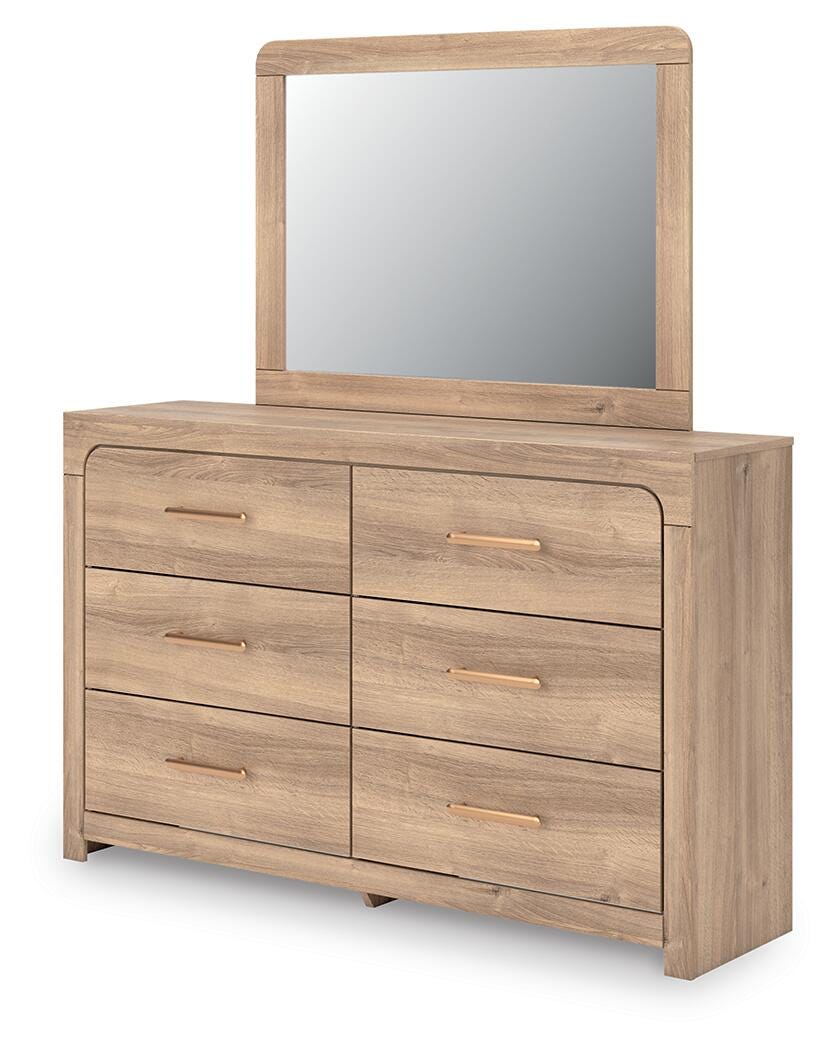 Kinlanni Tan King Upholstered Panel Bed, Dresser, Mirror and Nightstand