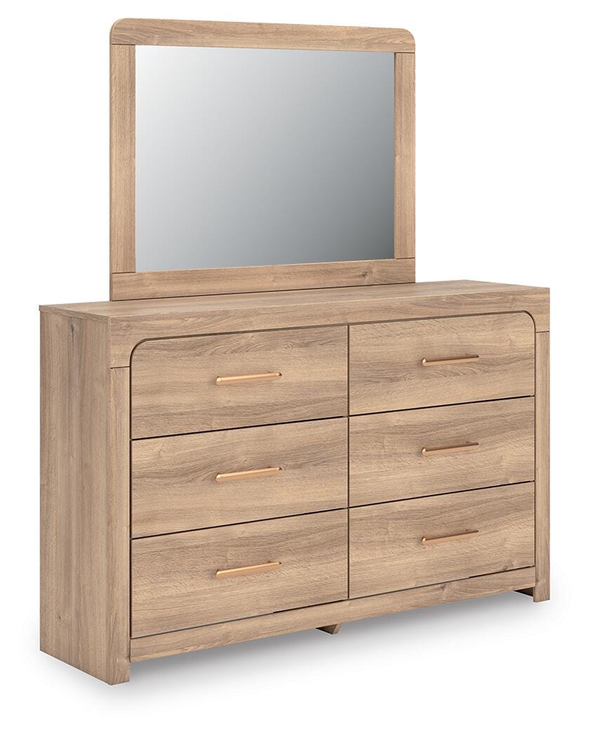 Kinlanni Tan King Upholstered Panel Bed, Dresser, Mirror and Nightstand