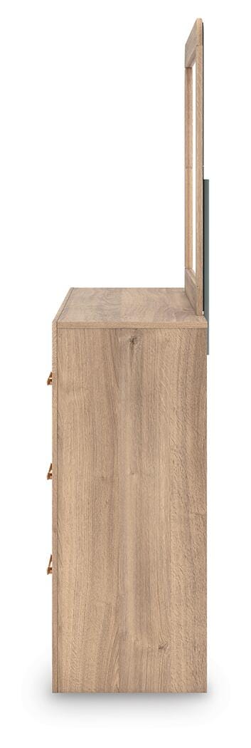 Kinlanni Tan King Upholstered Panel Bed, Dresser, Mirror and Nightstand