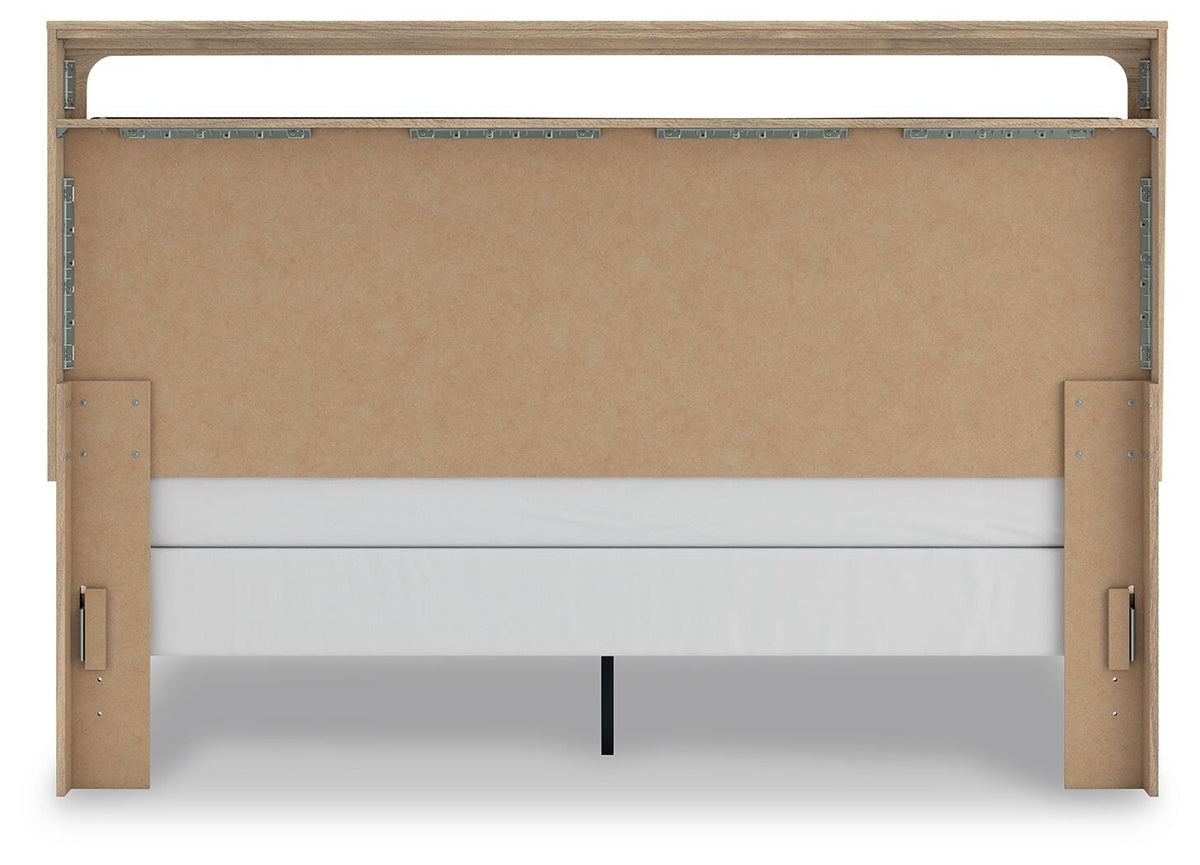 Kinlanni Tan King Upholstered Panel Bed, Dresser, Mirror and Nightstand