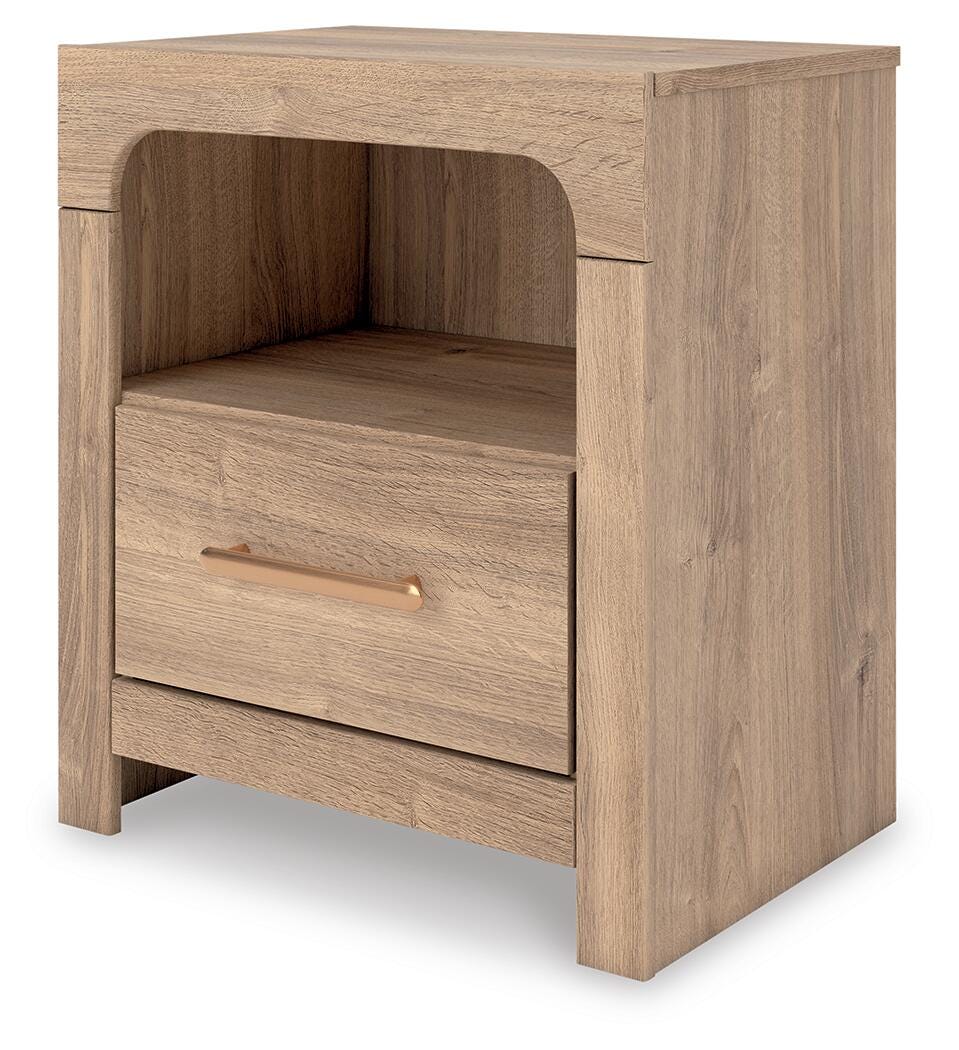 Kinlanni Tan King Upholstered Panel Bed, Dresser, Mirror and Nightstand