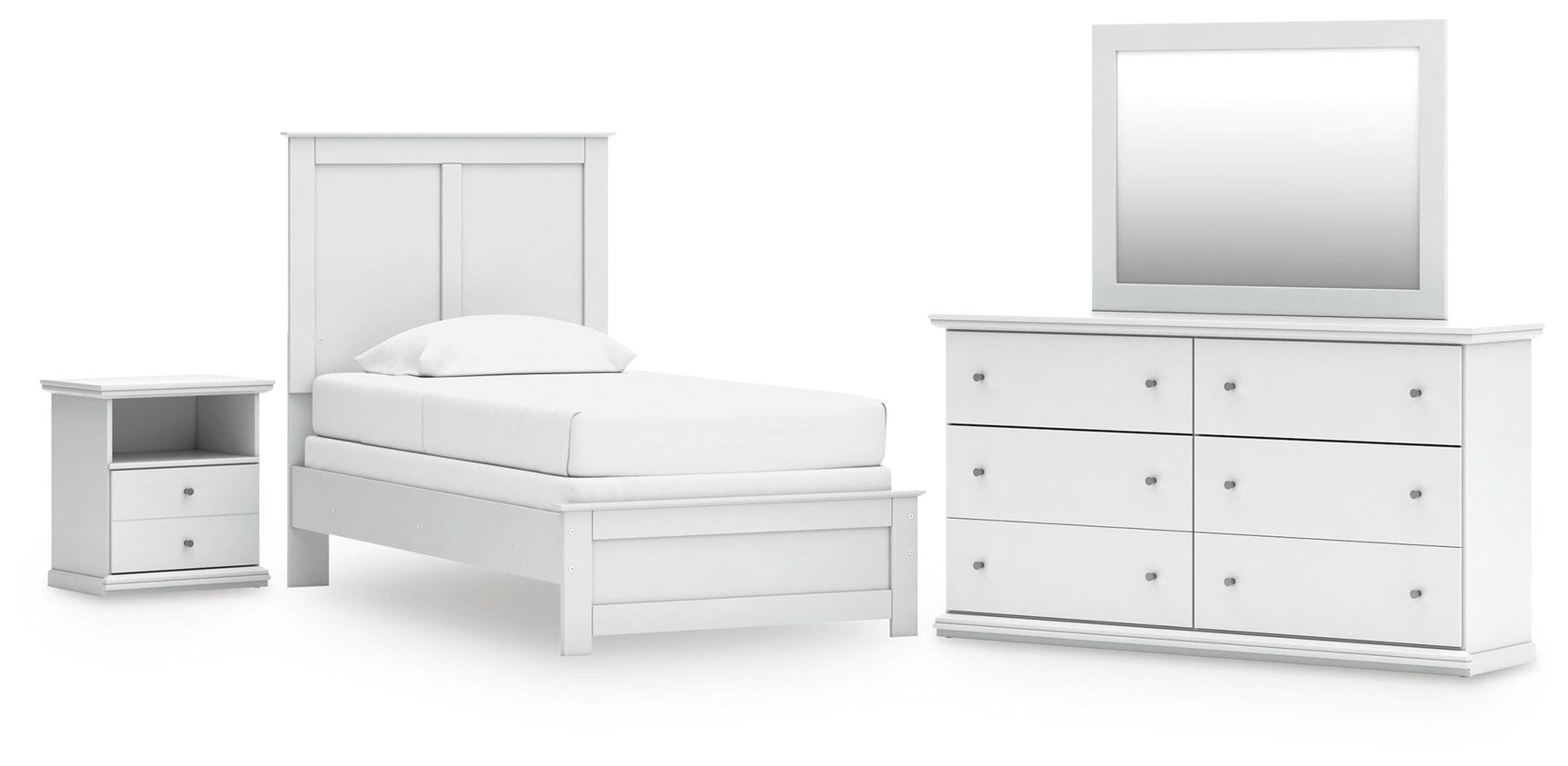 Bostwick Shoals White Twin Panel Bed, Dresser, Mirror and Nightstand