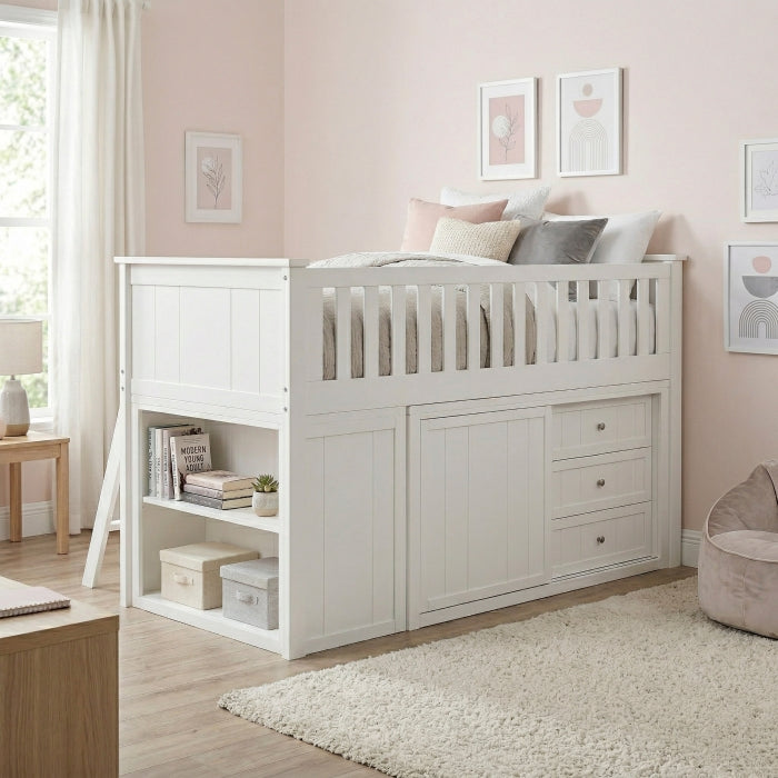 Galen White Low Loft Bunk With Bookcase And 2 Dressers