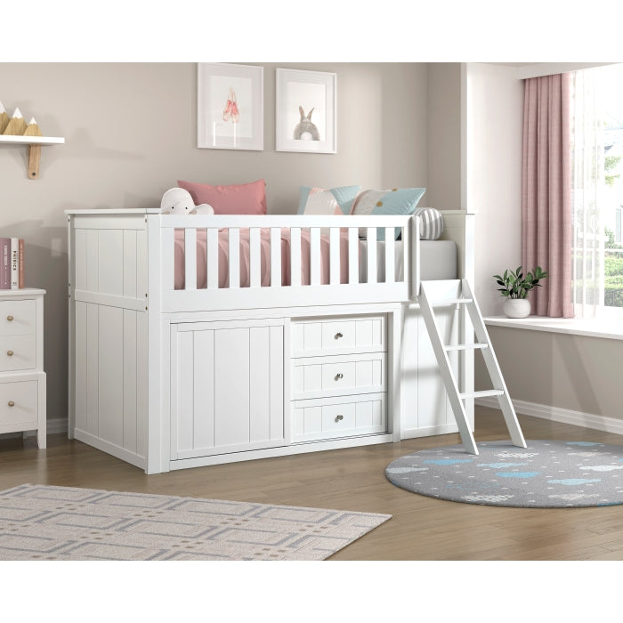 Galen White Low Loft Bunk With Bookcase And 2 Dressers