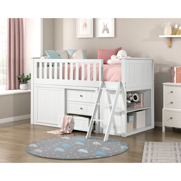 Galen White Low Loft Bunk With Bookcase And 2 Dressers