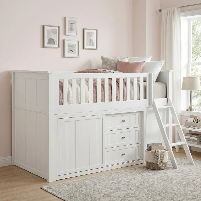 Galen White Low Loft Bunk With Bookcase And 2 Dressers