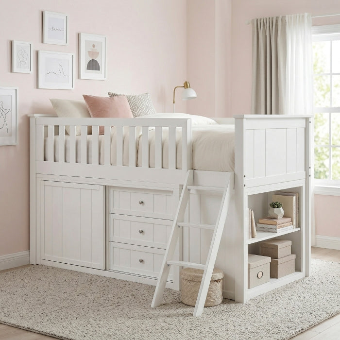 Galen White Low Loft Bunk With Bookcase And 2 Dressers