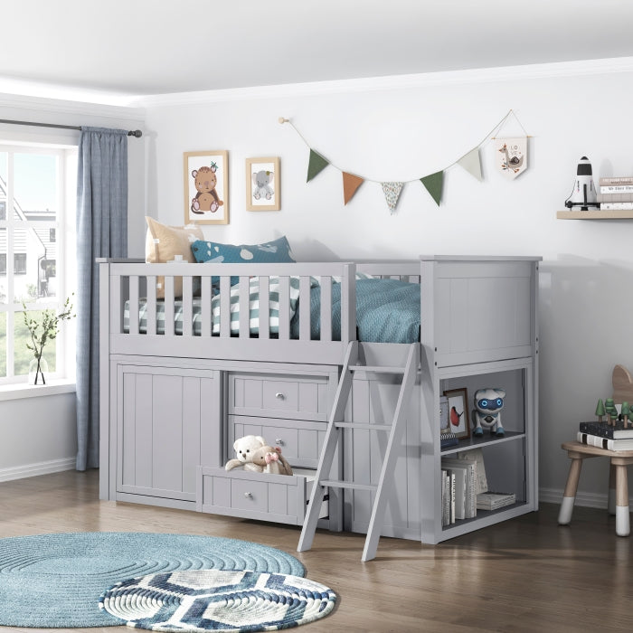 Orion Silver Low Loft Bunk With Bookcase And 2 Dressers