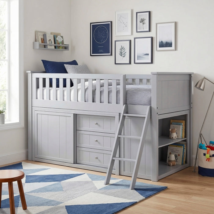 Orion Silver Low Loft Bunk With Bookcase And 2 Dressers