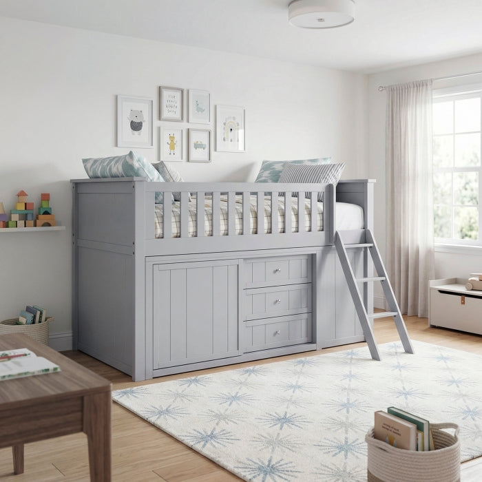 Orion Silver Low Loft Bunk With Bookcase And 2 Dressers