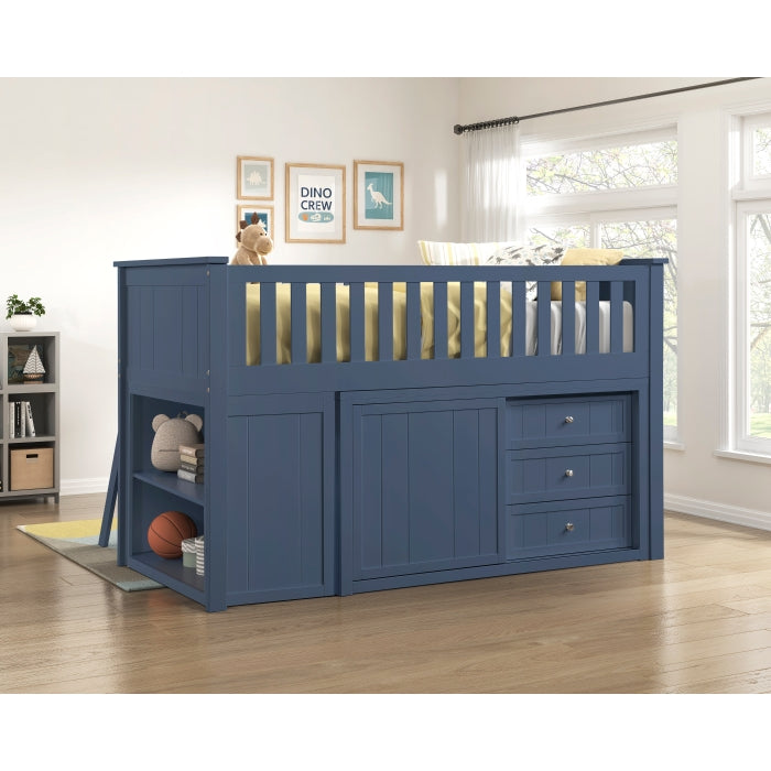 Nora Blue Low Loft Bunk With Bookcase And 2 Dressers