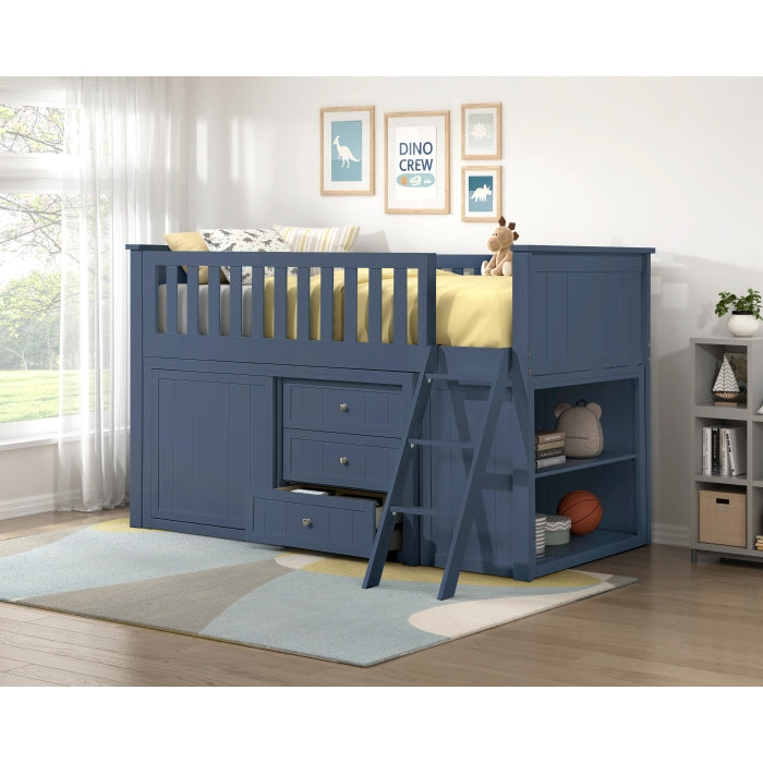 Nora Blue Low Loft Bunk With Bookcase And 2 Dressers