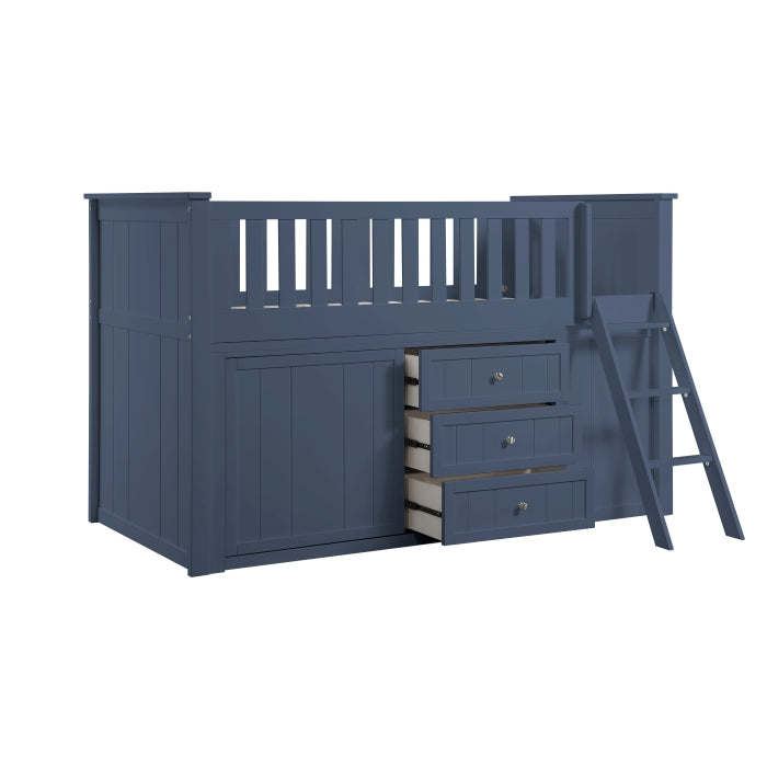 Nora Blue Low Loft Bunk With Bookcase And 2 Dressers