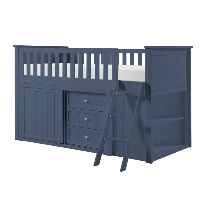 Nora Blue Low Loft Bunk With Bookcase And 2 Dressers