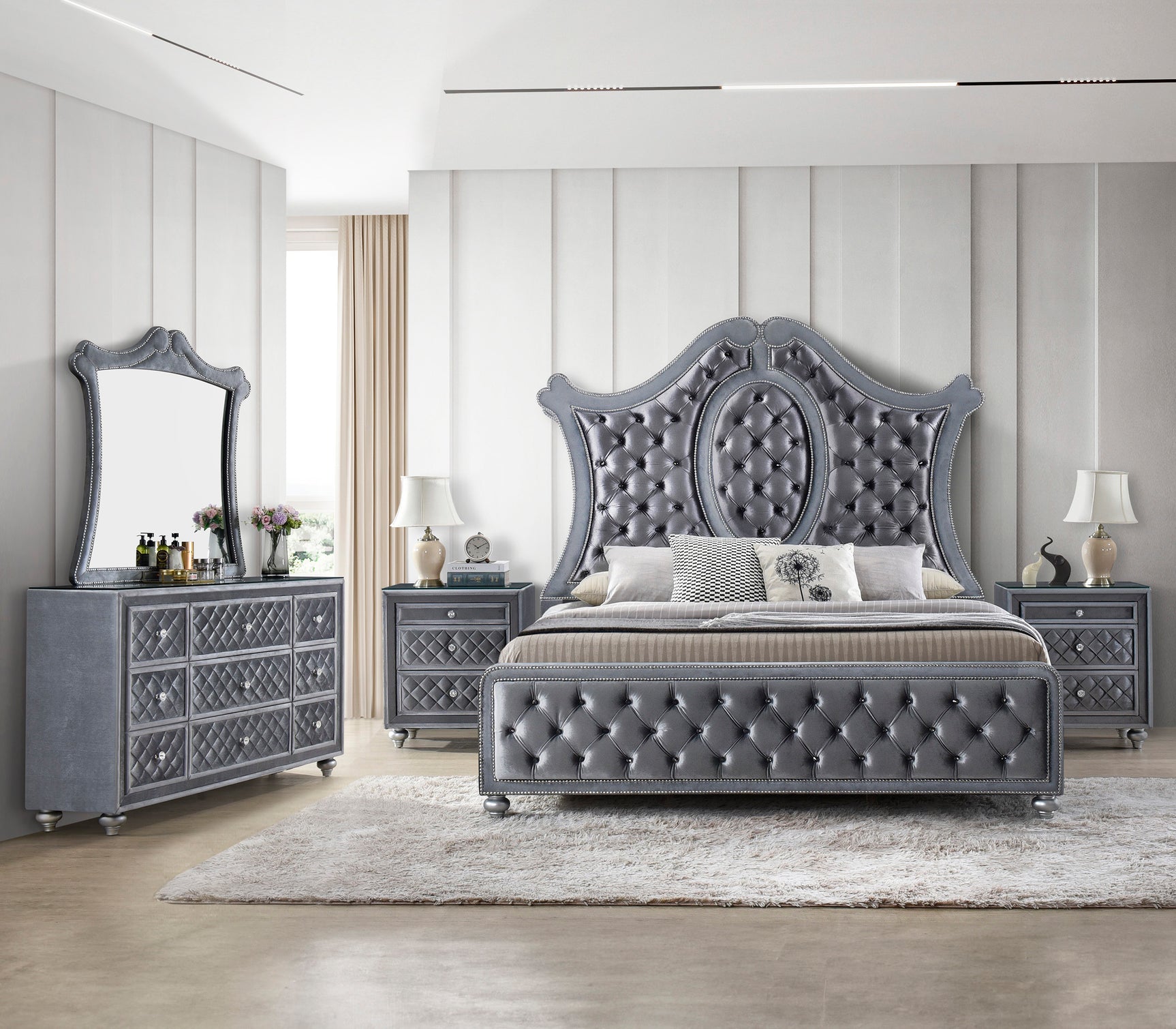 Cameo Gray Upholstered Panel Bedroom Set
