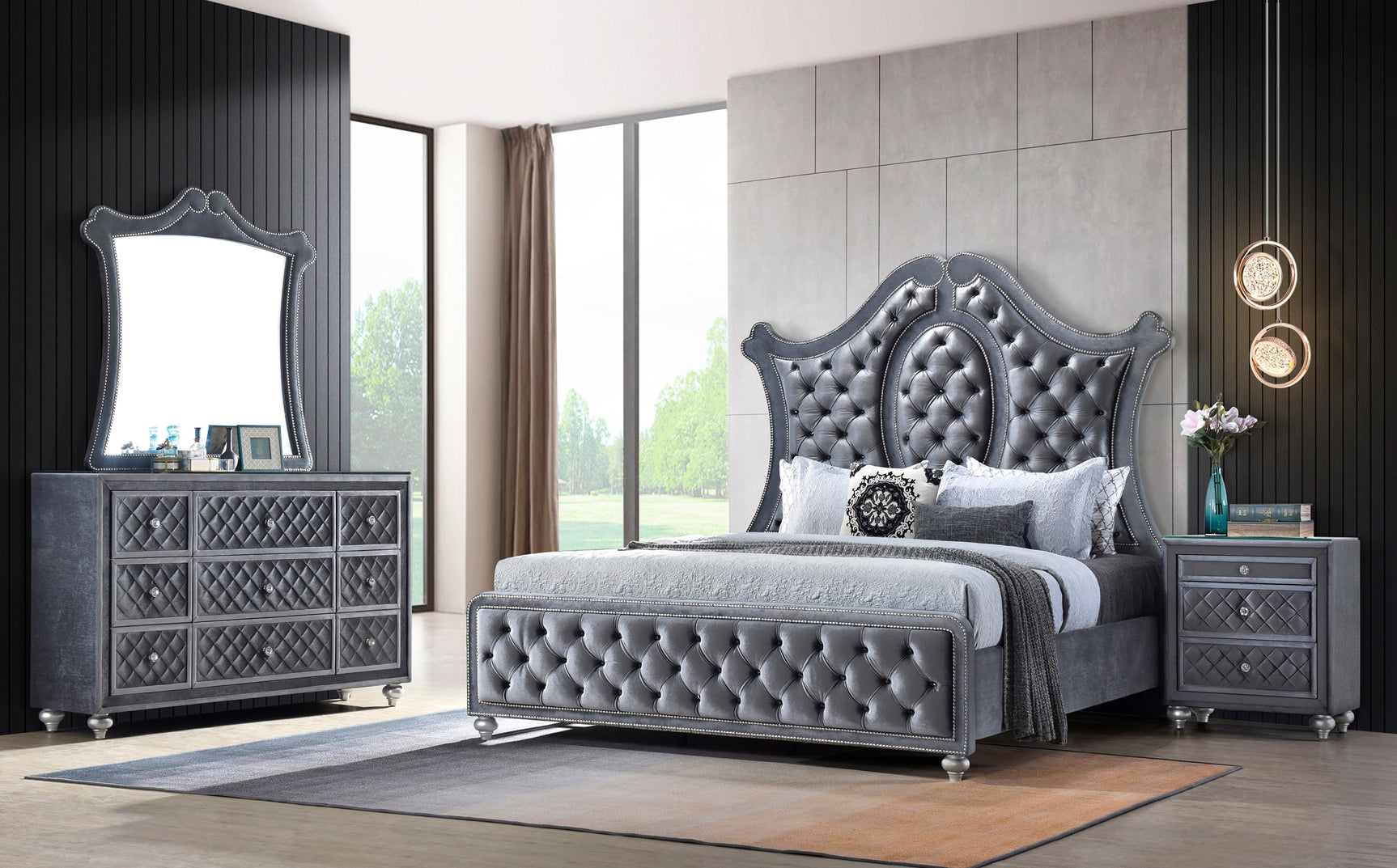Cameo Gray Upholstered Panel Bedroom Set