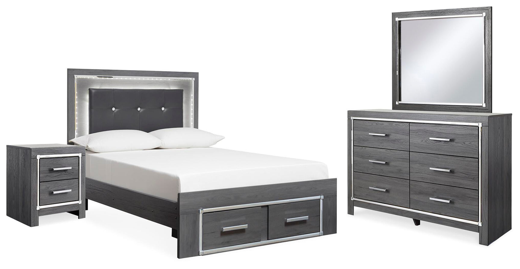 Lodanna Gray Full Storage Bed, Dresser, Mirror and 2 Nightstands (Online Special Price)