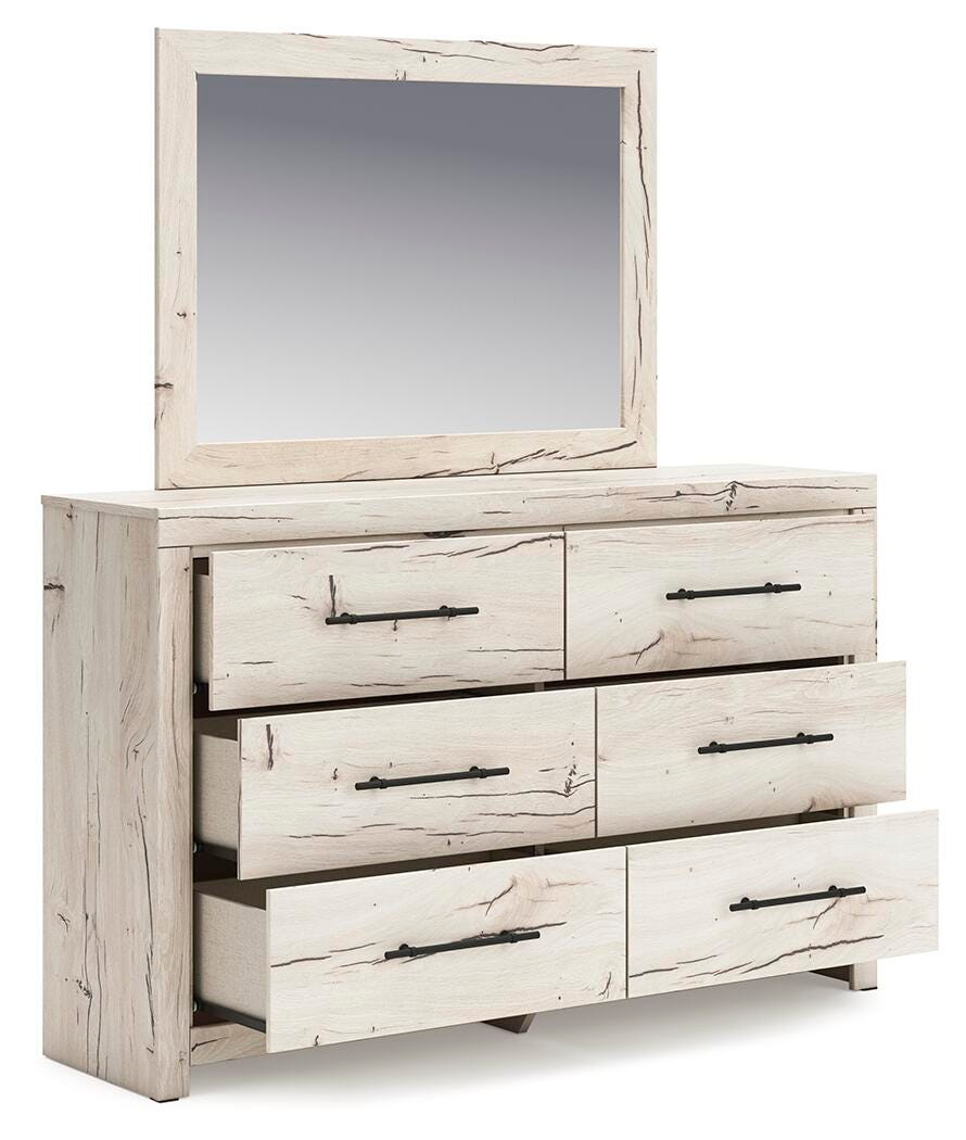 Lawroy Light Natural Queen Panel Storage Bed, Dresser, Mirror, Chest and Nightstand