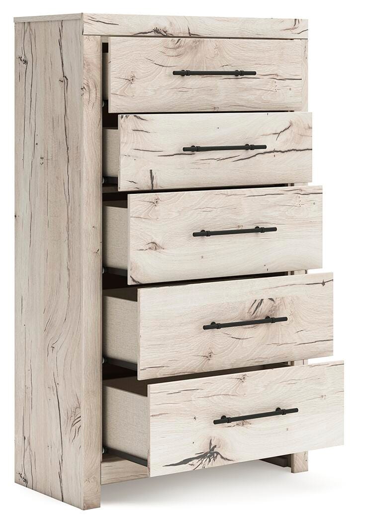 Lawroy Light Natural Queen Panel Storage Bed, Dresser, Mirror, Chest and Nightstand