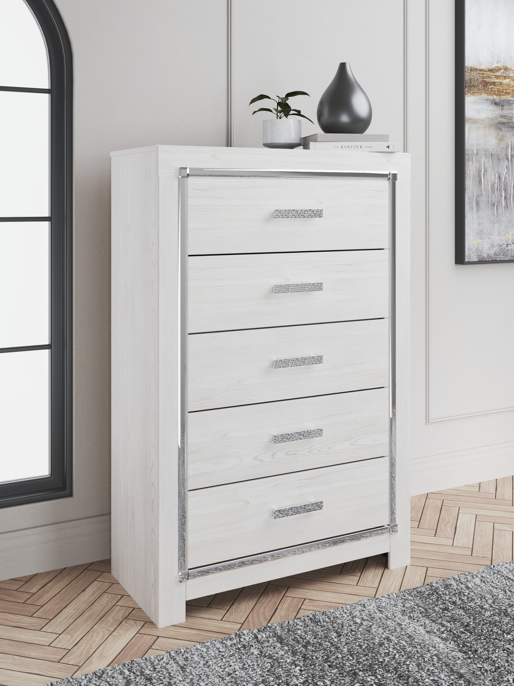 Altyra White Full Upholstered Panel Bed, Dresser, Mirror, Chest and Nightstand (Online Special Price)