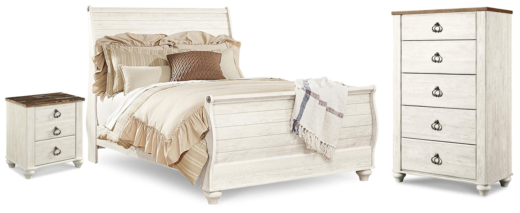 Willowton Whitewash Queen Sleigh Bed, Chest and Nightstand