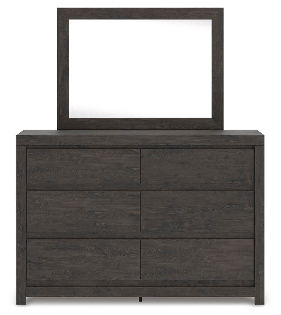 Fraluna Charcoal Queen Panel Bed, Dresser, Mirror, and Nightstand