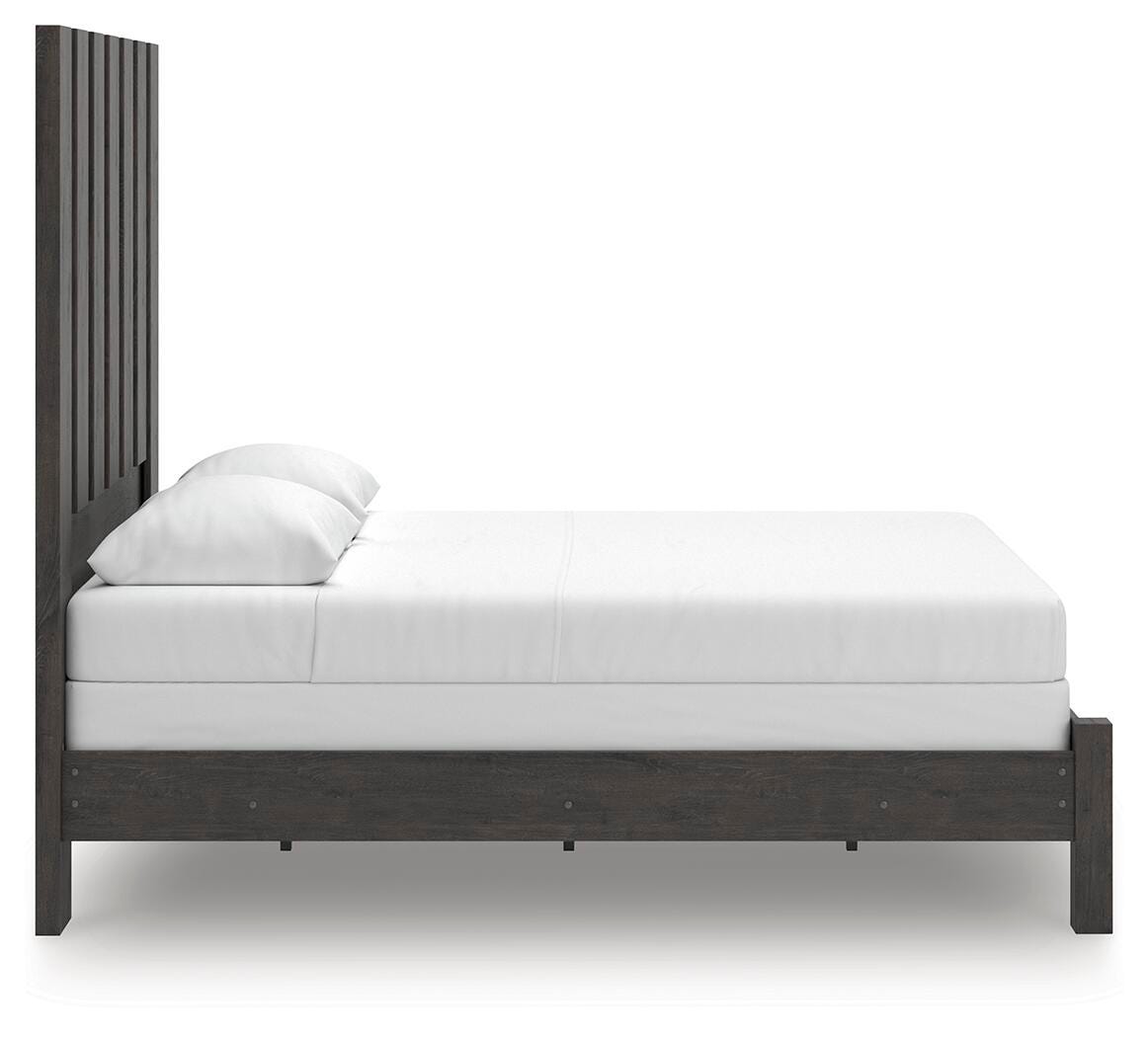 Fraluna Charcoal Queen Panel Bed, Dresser, Mirror, and Nightstand