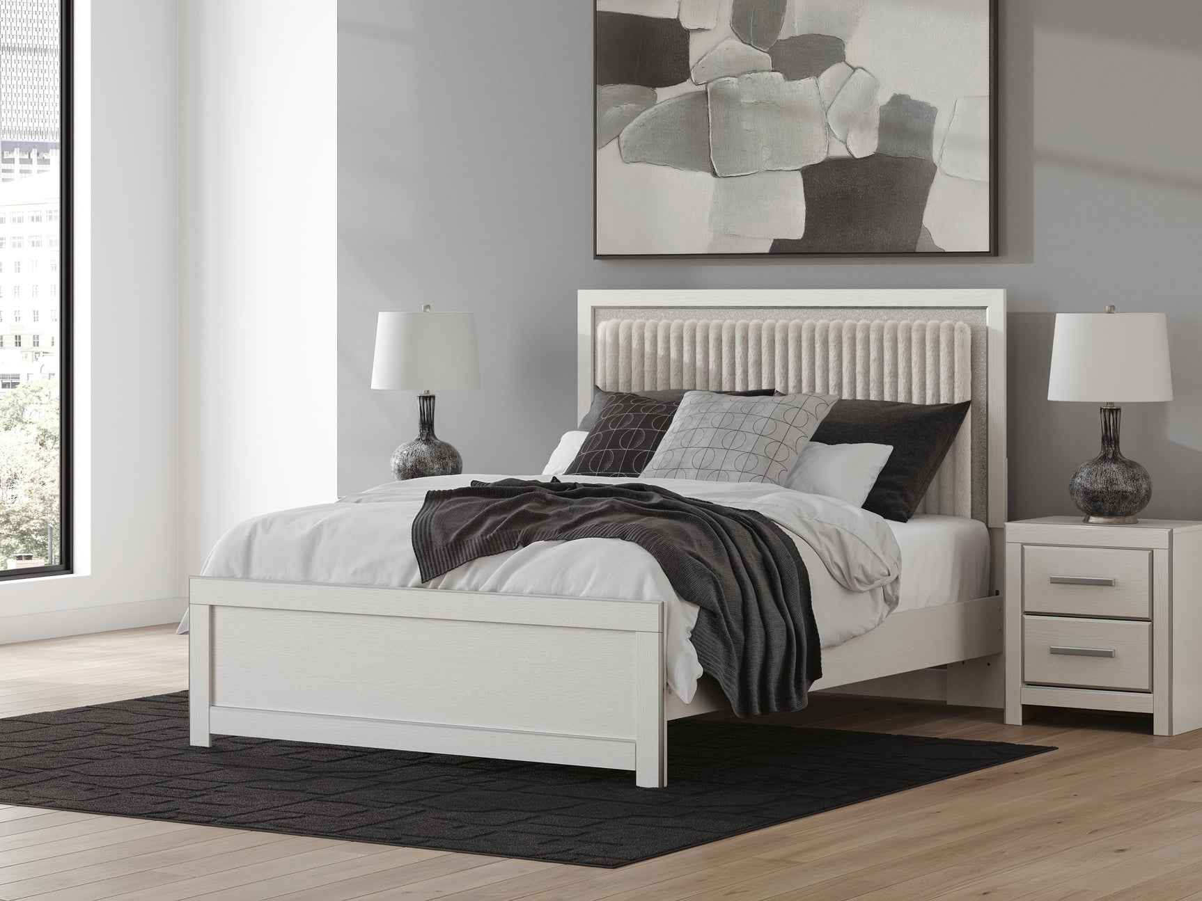 Birmonton White Queen Upholstered Panel Platform Bed