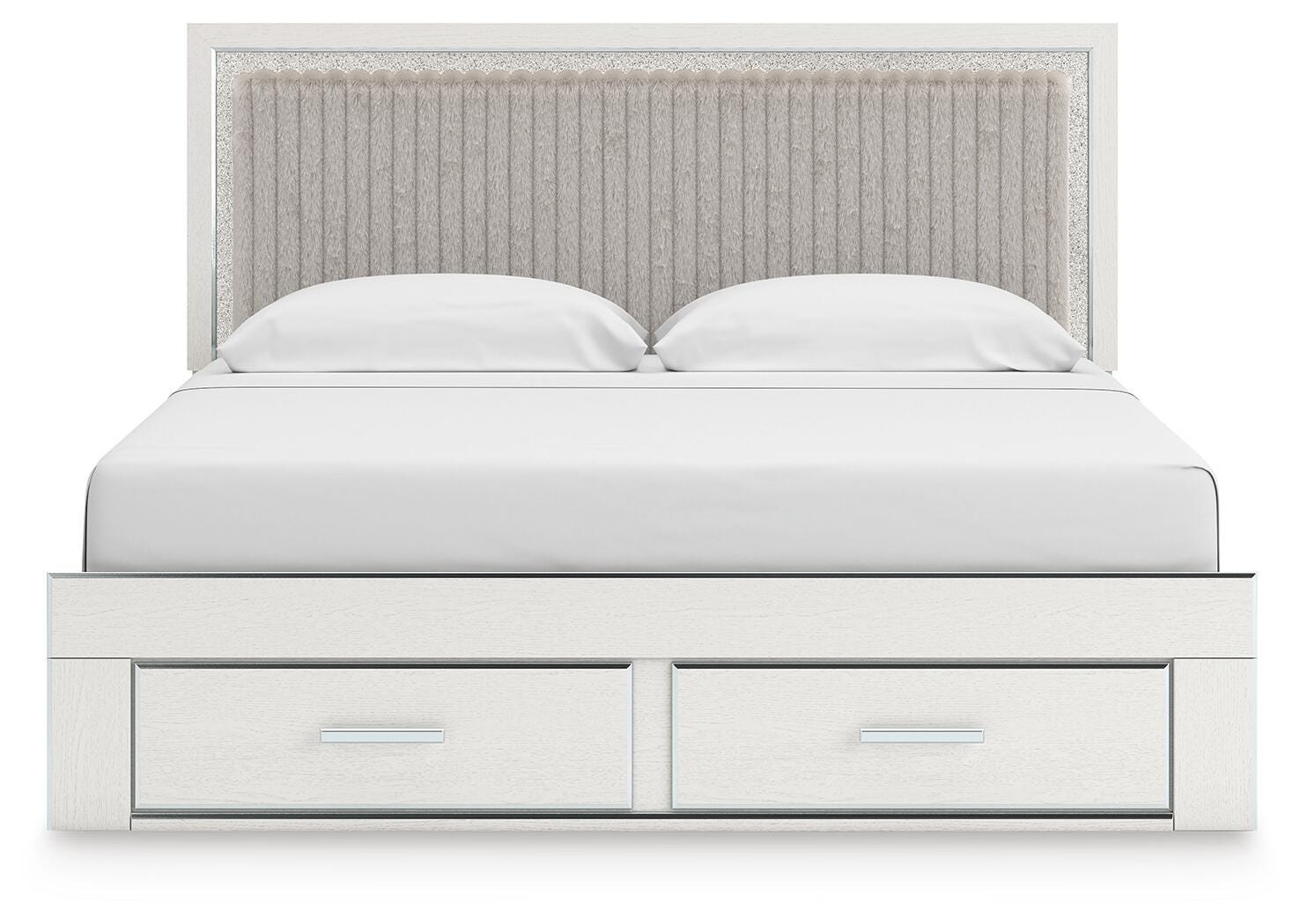 Birmonton White King Upholstered Panel Platform Storage Bed