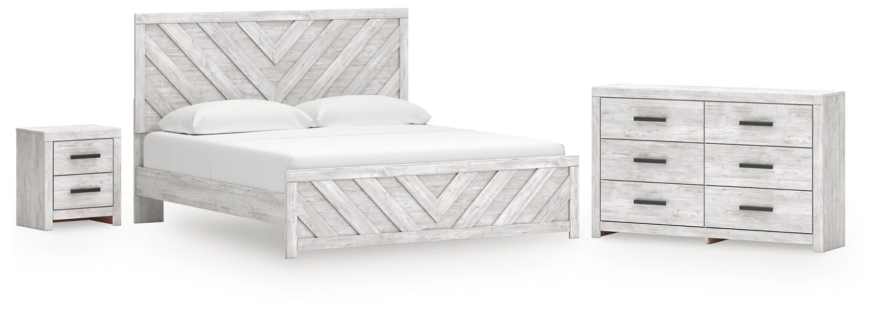 Cayboni Whitewash King Panel Bed, Dresser and Nightstand