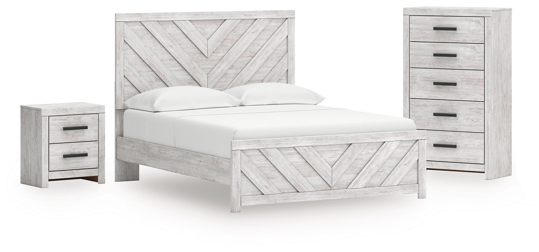 Cayboni Whitewash Queen Panel Bed, Chest and Nightstand
