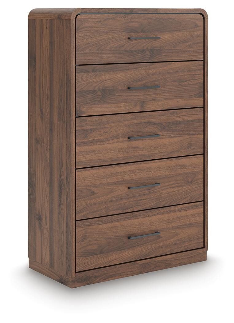 Fortlorn Walnut Brown King Panel Bed, Dresser, Mirror and Chest