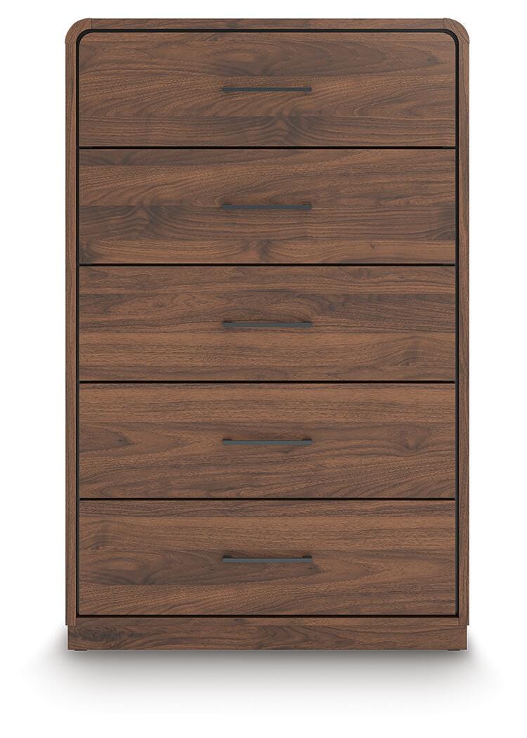 Fortlorn Walnut Brown King Panel Bed, Dresser, Mirror and Chest