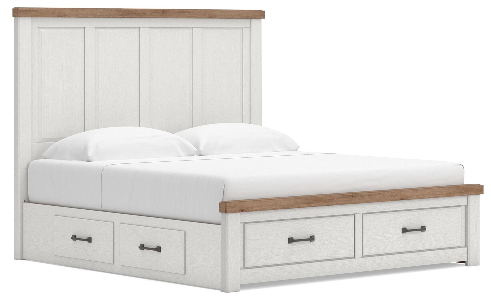 Savonport White/Brown King Panel Storage Bed w/ 2 Under Bed Storage (Online Special Price)