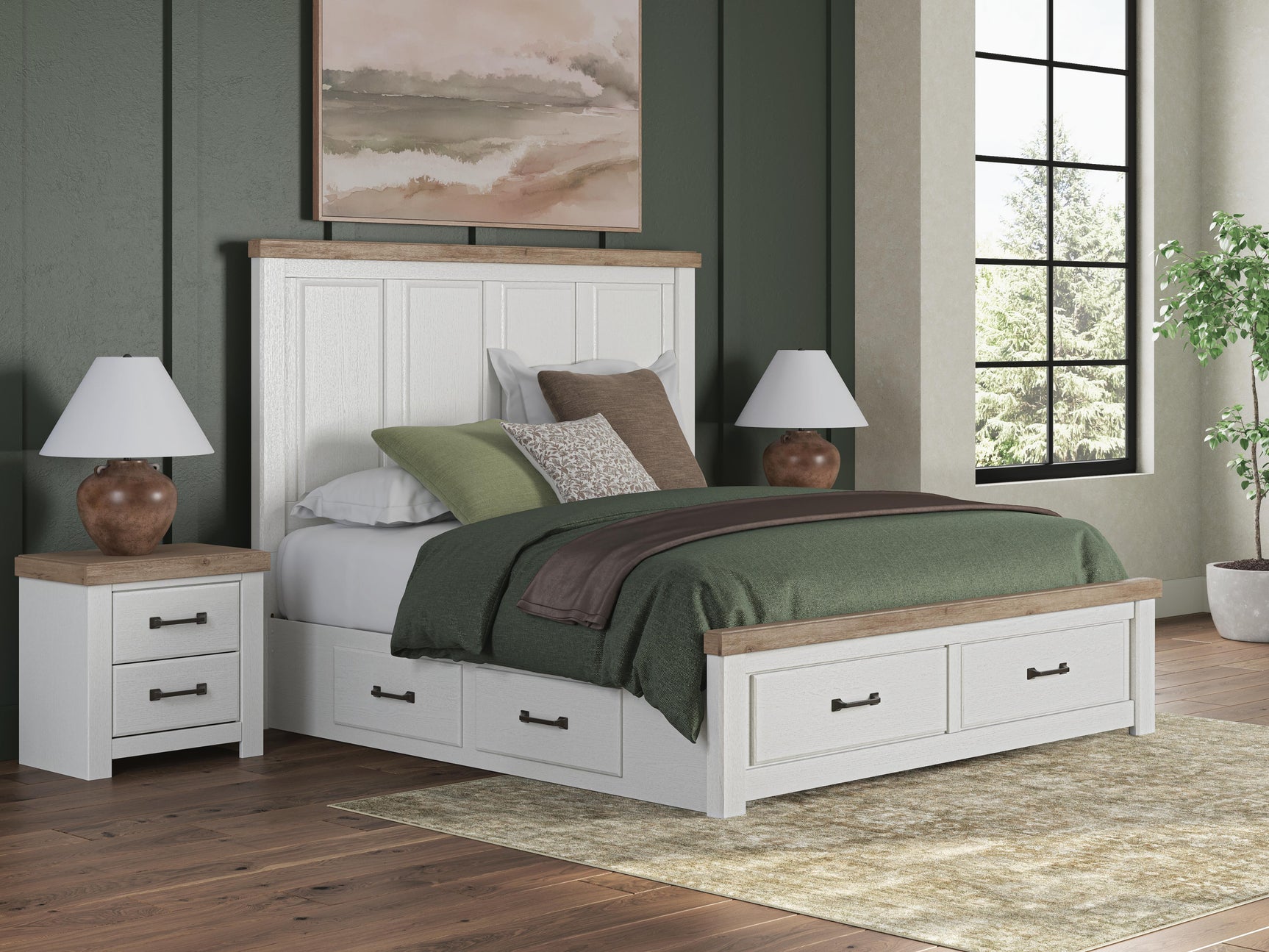 Savonport White/Brown King Panel Storage Bed w/ 2 Under Bed Storage (Online Special Price)