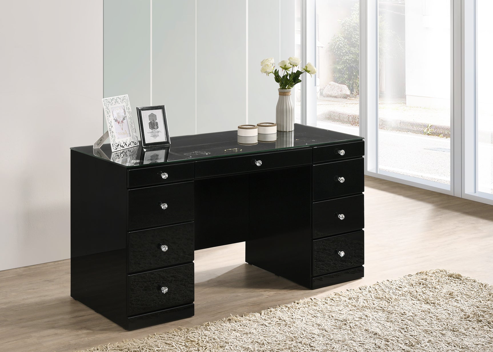 Avery Black Vanity Set w/LED Mirror & Stool