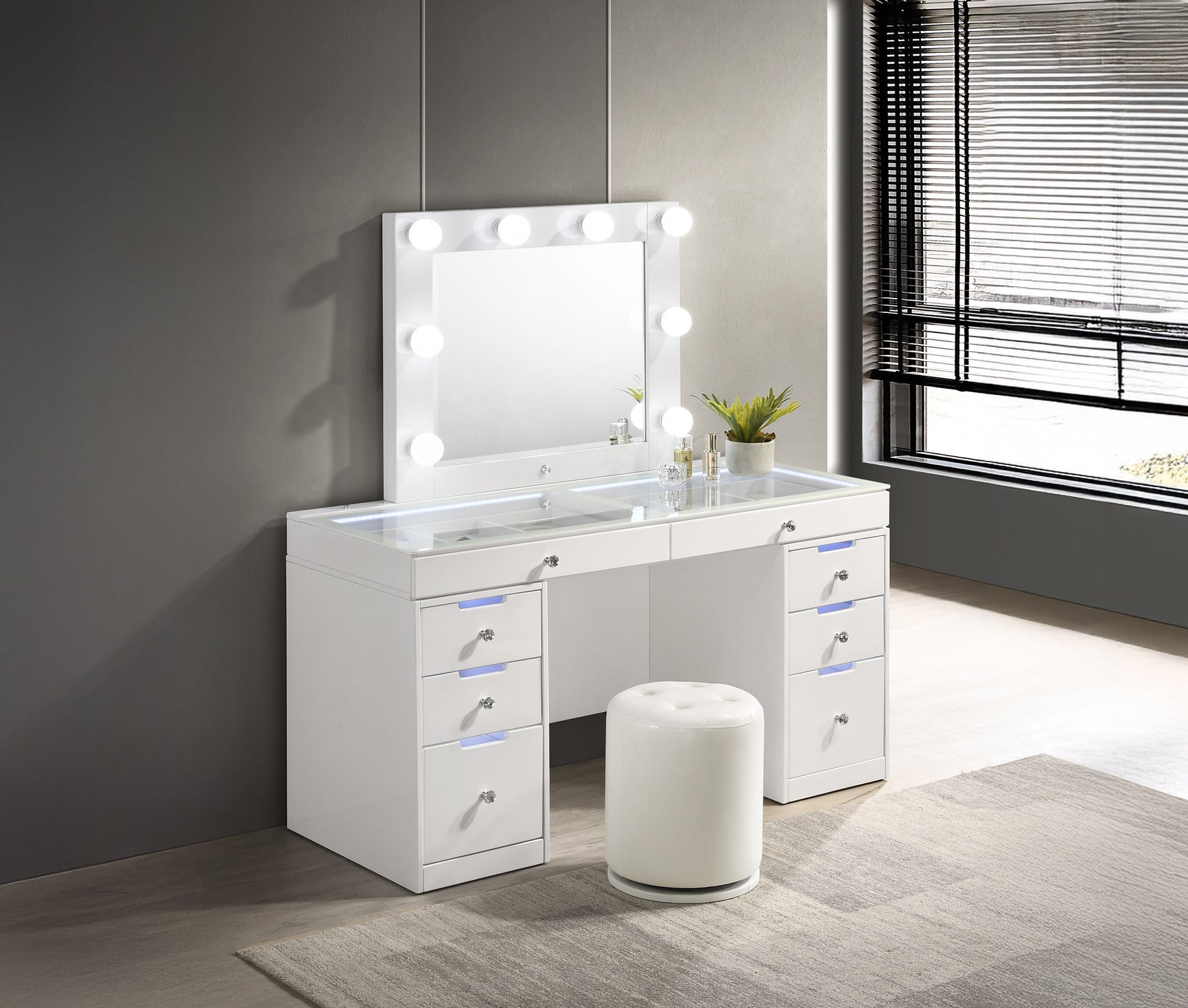 Luxo White Vanity Set w/LED Mirror & Stool