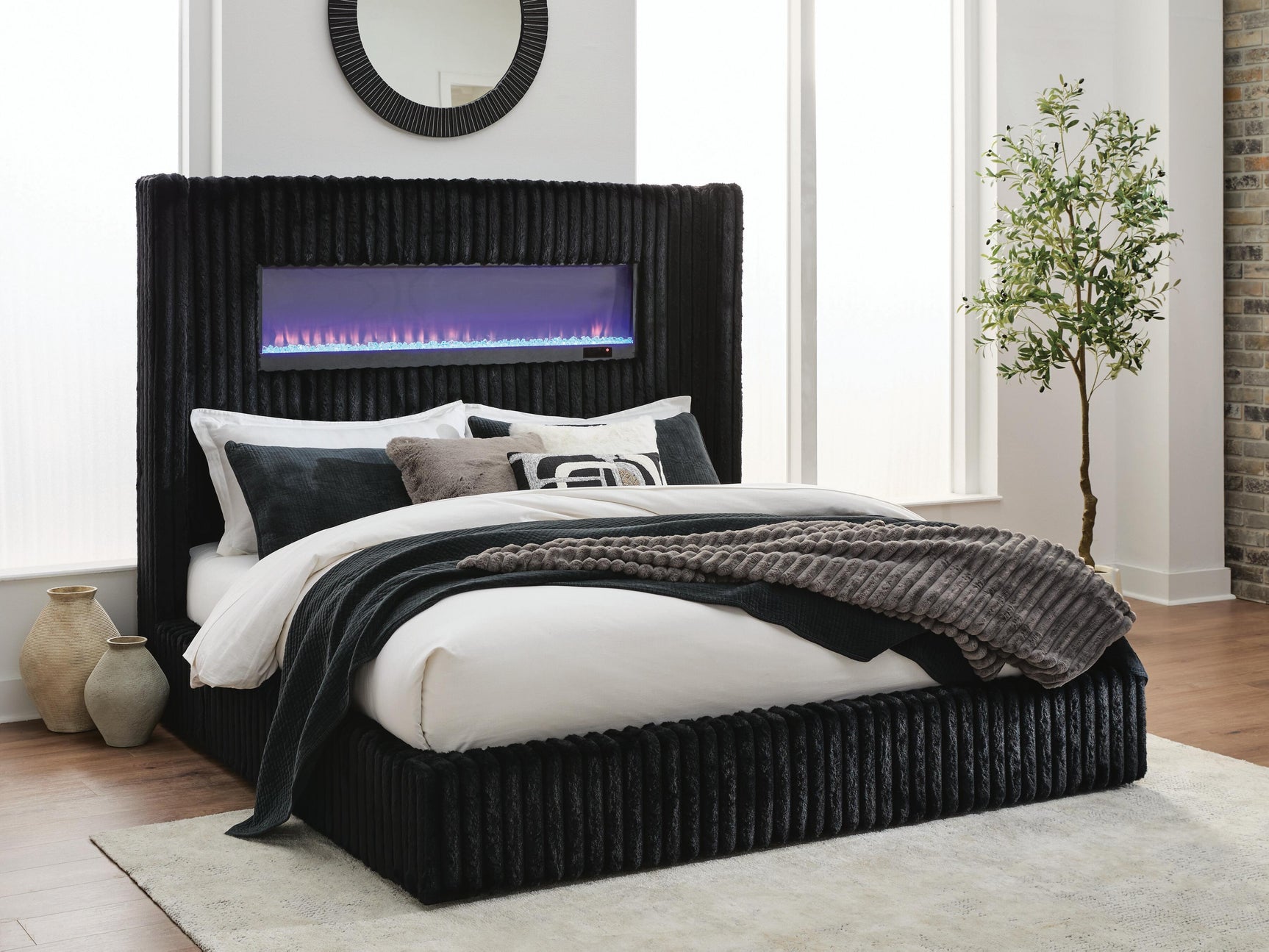 Agrander Black King Upholstered Bed with Fireplace and Wireless Audio