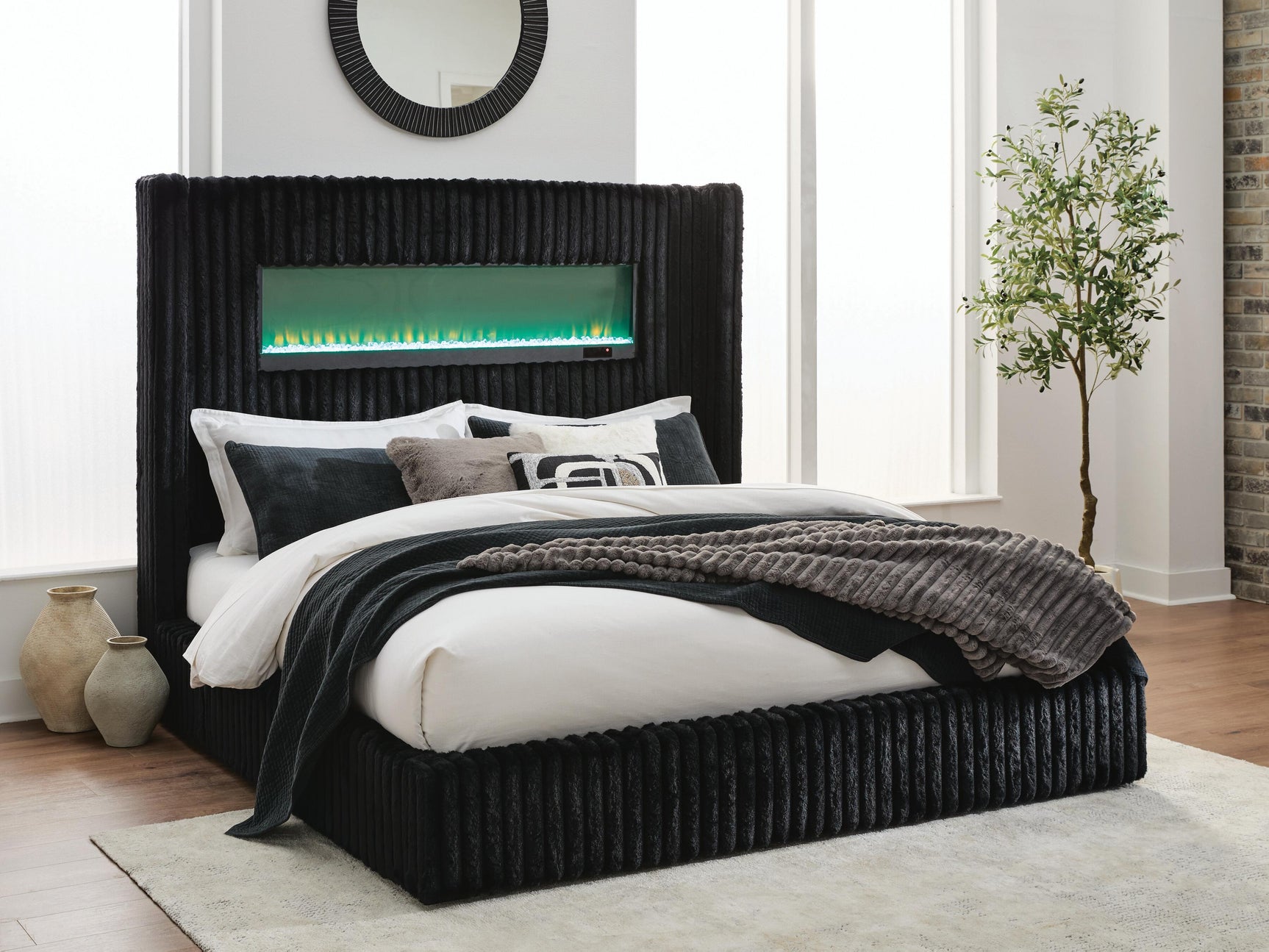 Agrander Black Queen Upholstered Bed with Fireplace and Wireless Audio (Online Special Price)