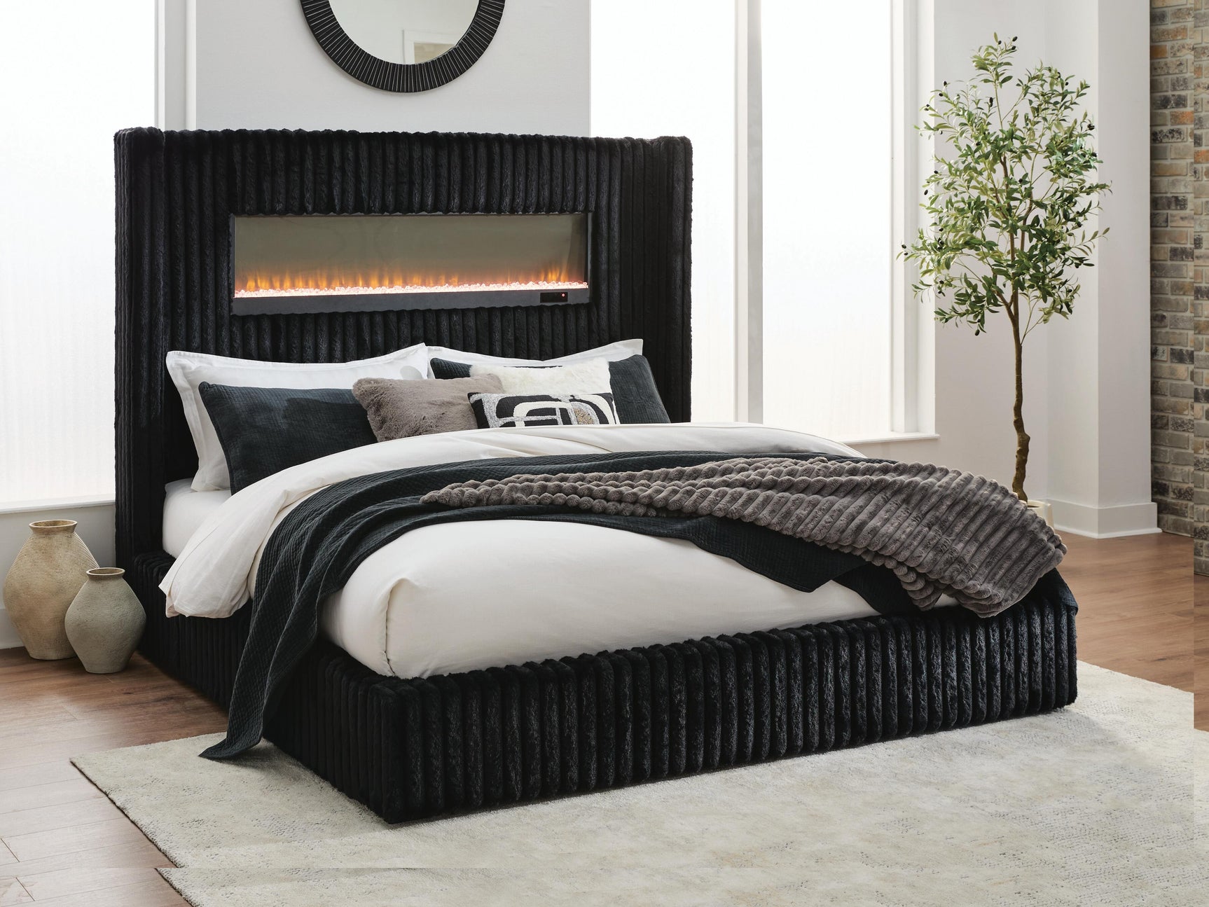 Agrander Black King Upholstered Bed with Fireplace and Wireless Audio