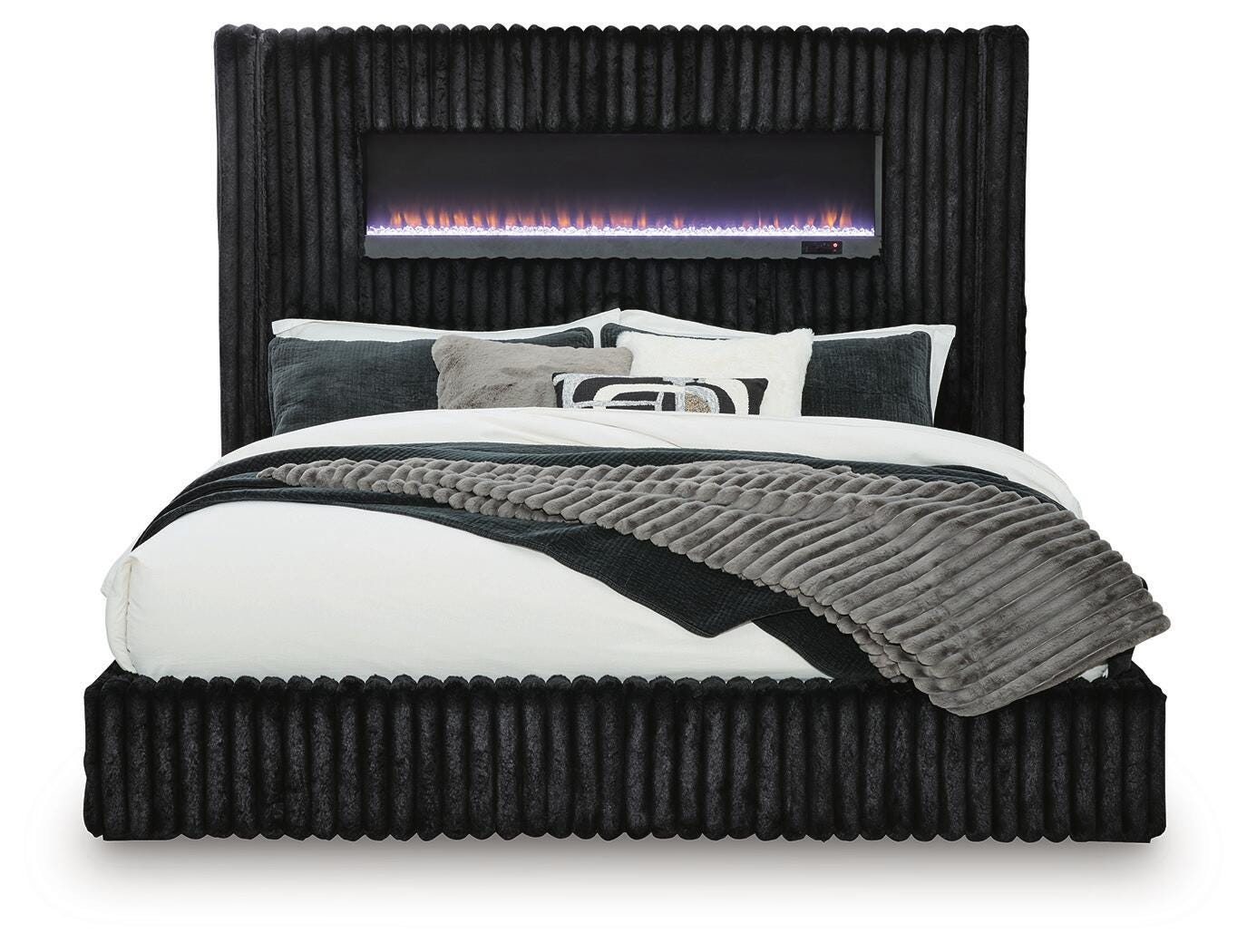 Agrander Black King Upholstered Bed with Fireplace and Wireless Audio (Online Special Price)