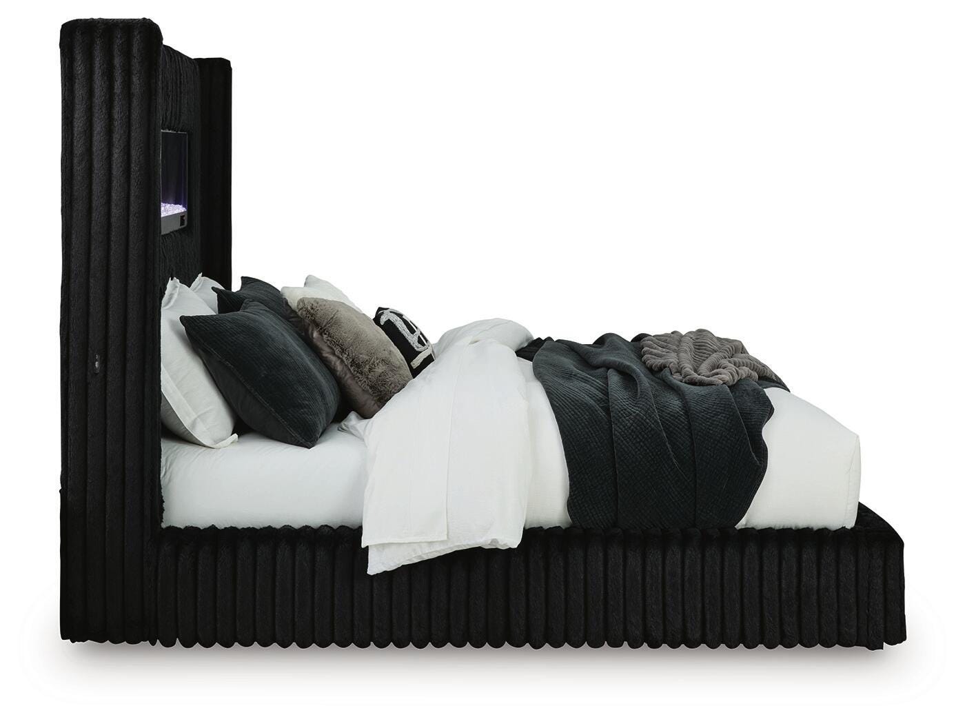 Agrander Black Queen Upholstered Bed with Fireplace and Wireless Audio