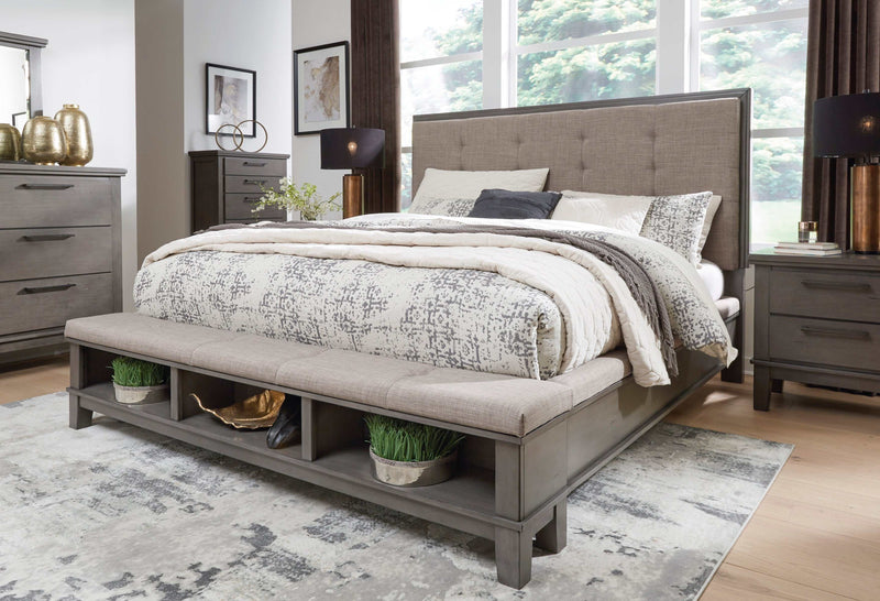 Hallanden Gray & Taupe Uph. Panel Bed w/ Storage Footboard - Ornate Home