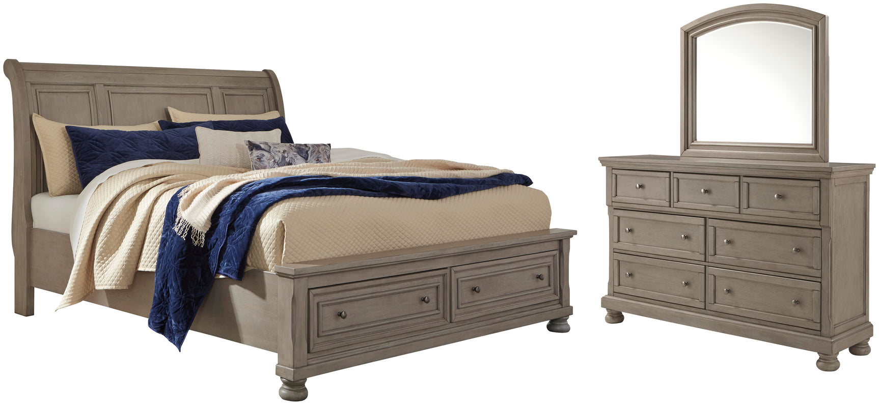 Lettner Light Gray Queen Sleigh Storage Bed, Dresser and Mirror