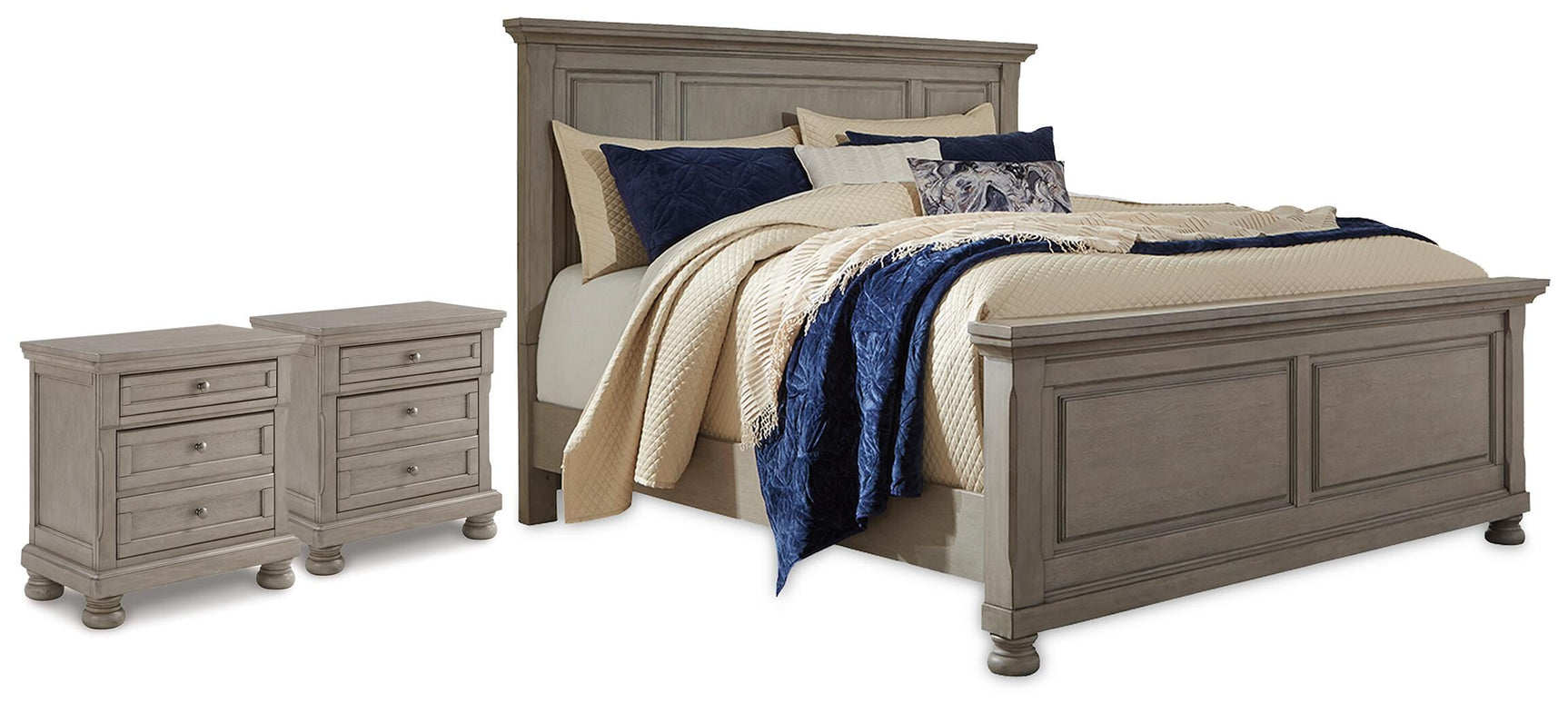 Lettner Light Gray California King Panel Bed and 2 Nightstands