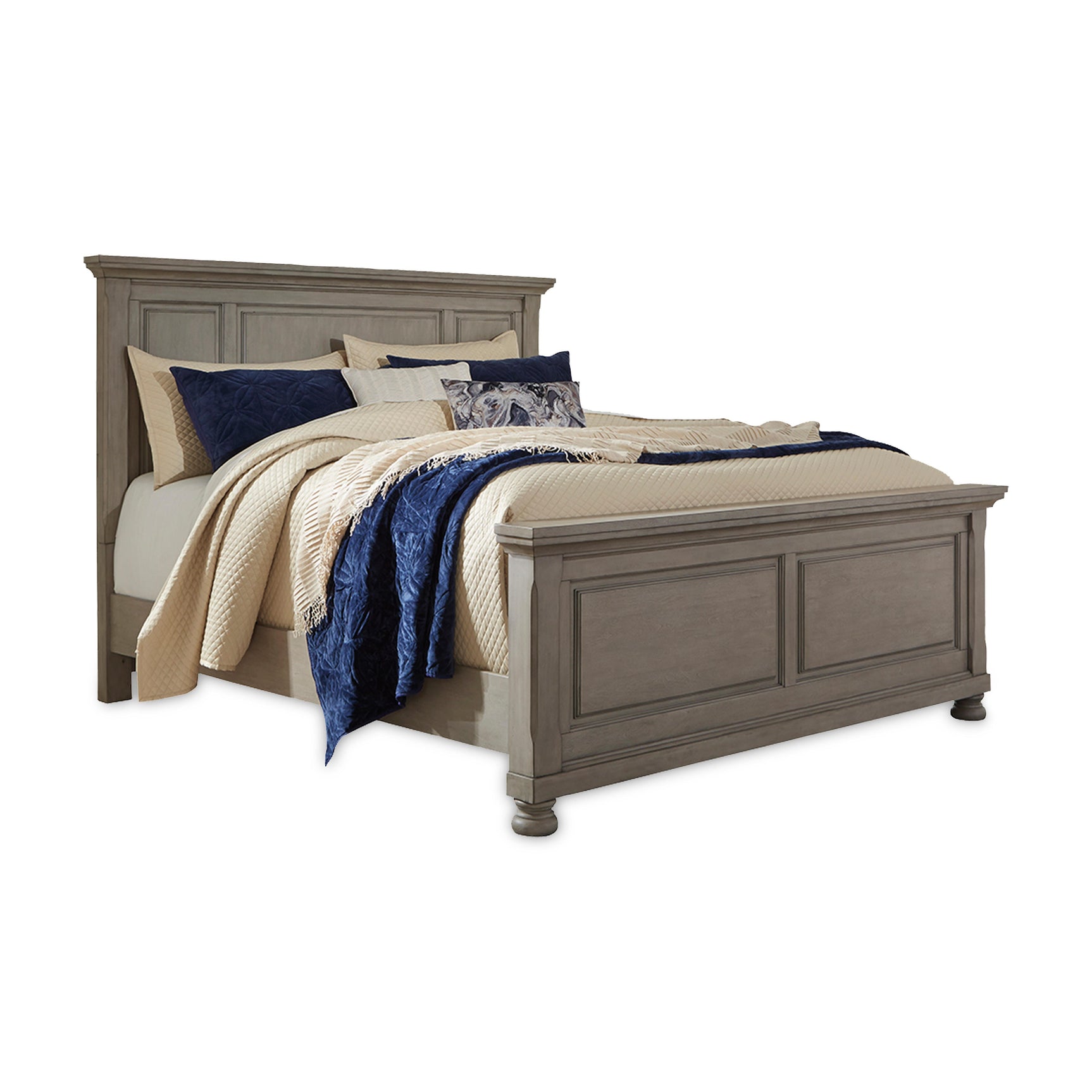 Lettner Light Gray California King Panel Bed and 2 Nightstands