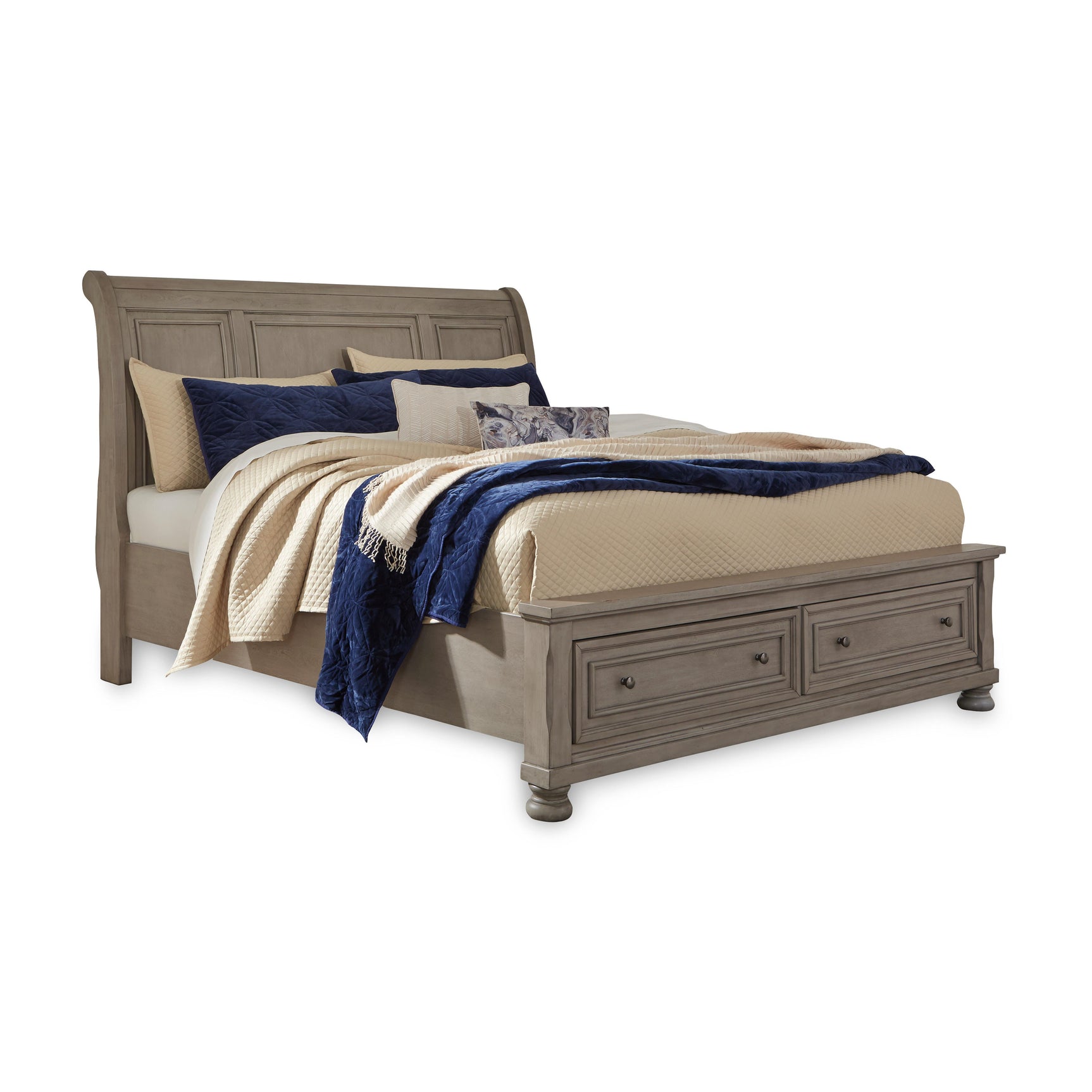 Lettner Light Gray Queen Sleigh Storage Bed, Dresser and Mirror