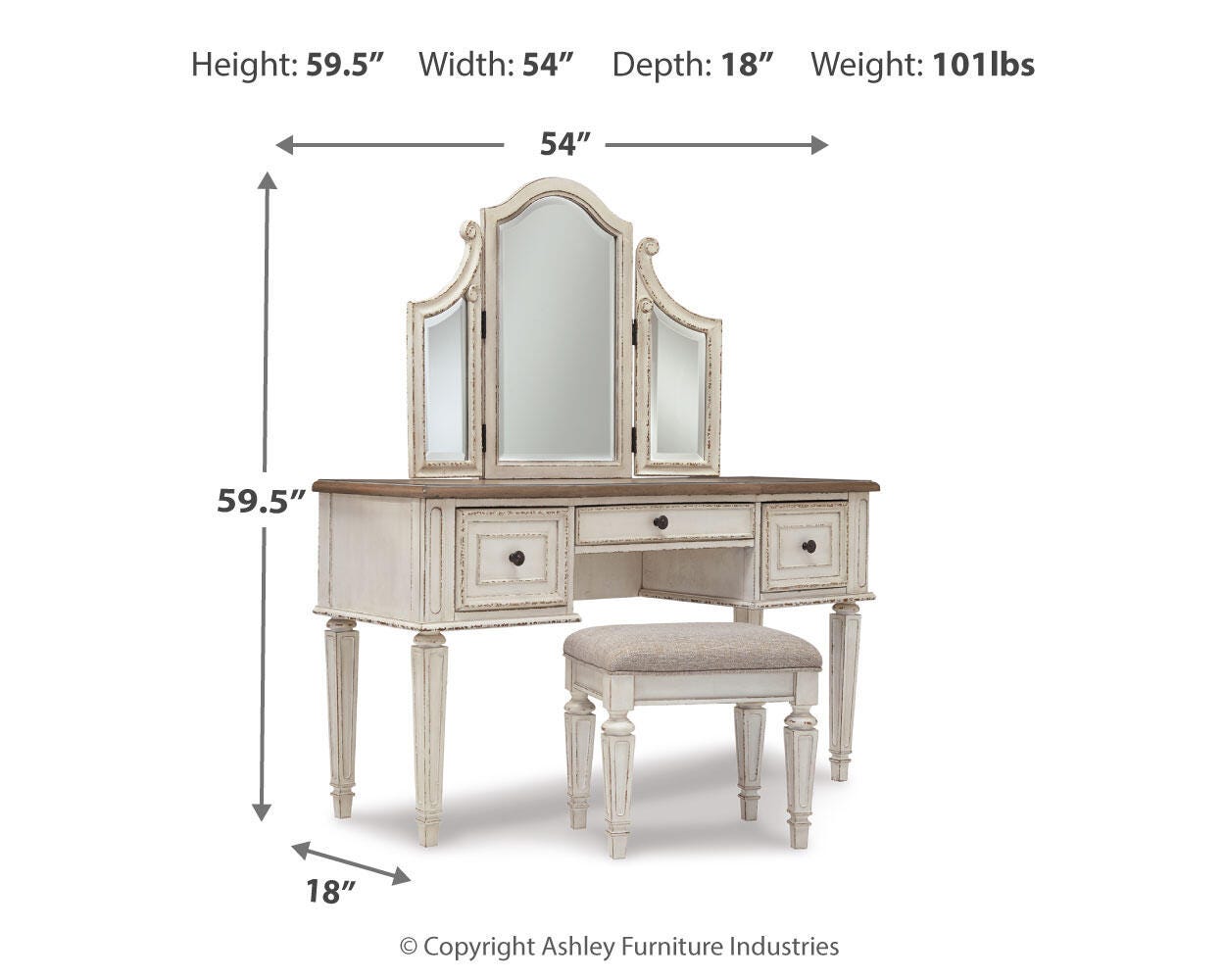 Realyn Chipped White King Storage Bed, Dresser, Mirror, Chest, Vanity with Stool and 2 Nightstands