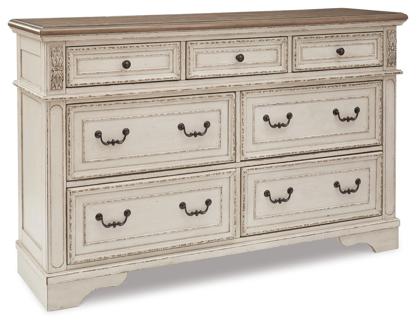 Realyn Chipped White King Upholstered Panel Bed, Dresser and Nightstand