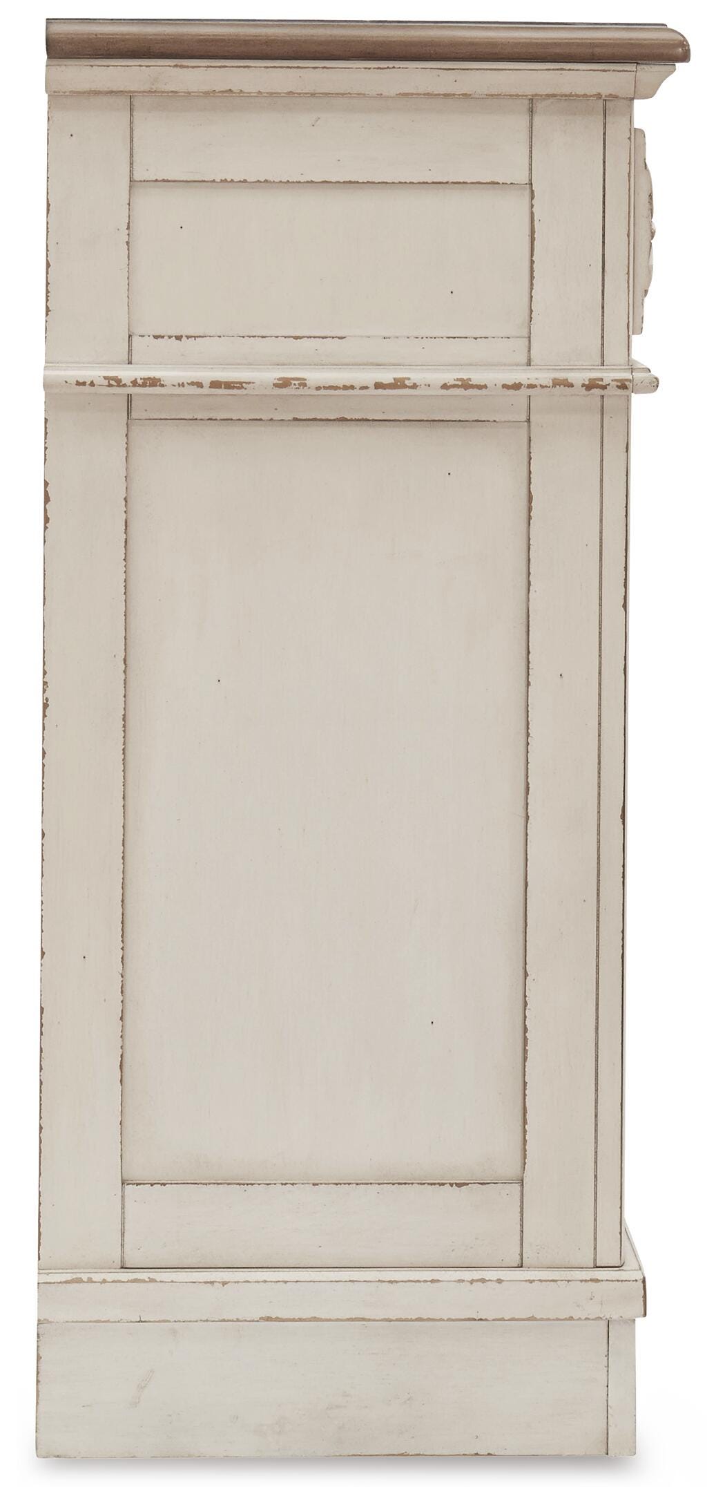 Realyn Chipped White King Upholstered Panel Bed, Dresser and Nightstand